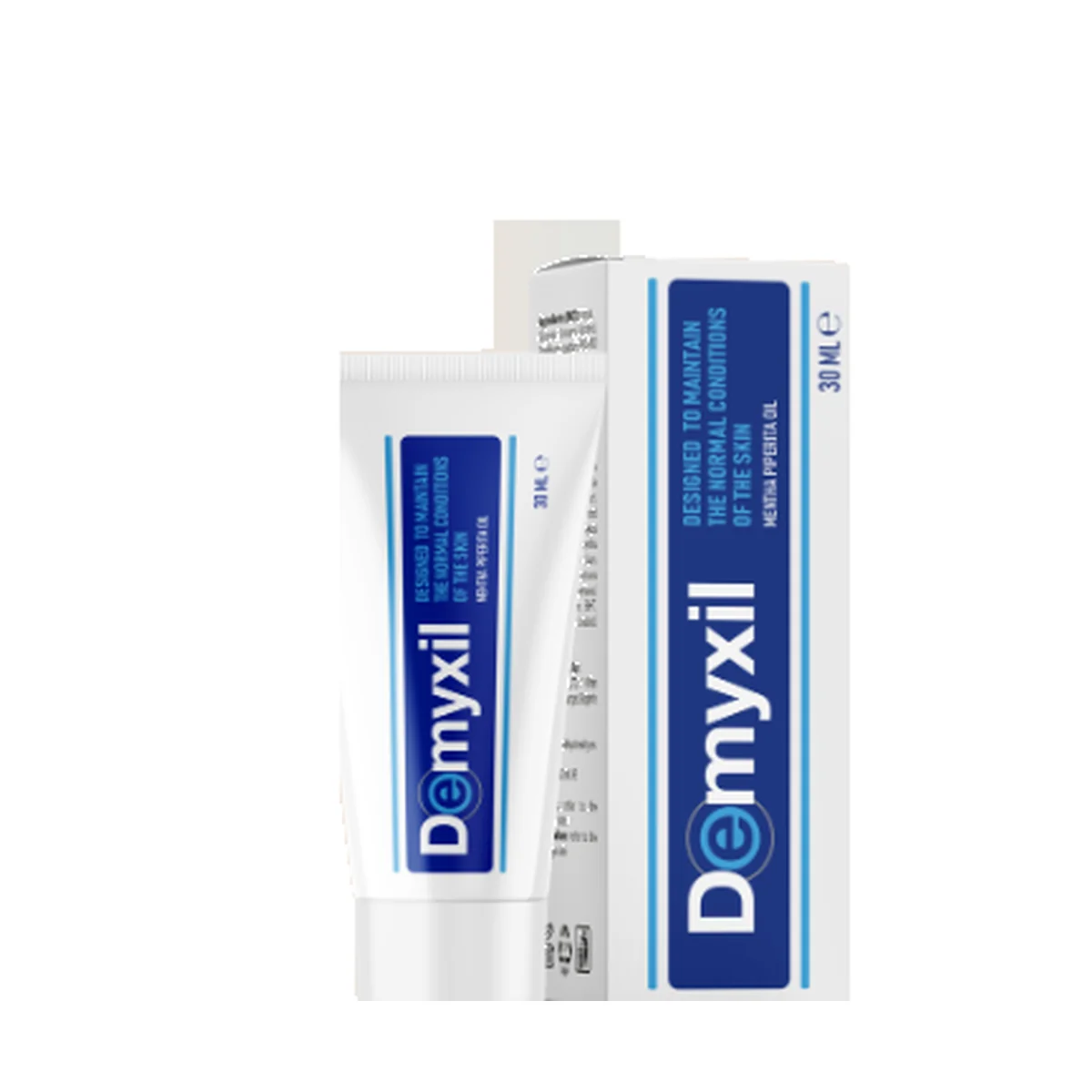 Demyxil természetes lábápoló krém csomagolás és tubus, 30 ml-es kiszerelés